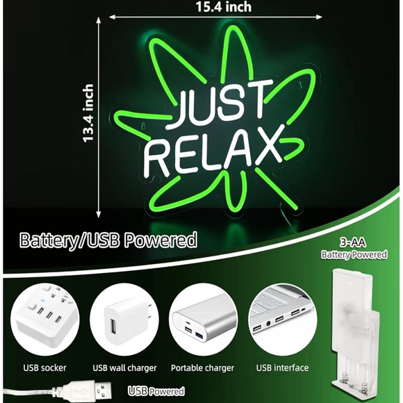 Just Relax LED Neon Wall Sign Green Leaf Room Decor Light - Picture 4 of 6